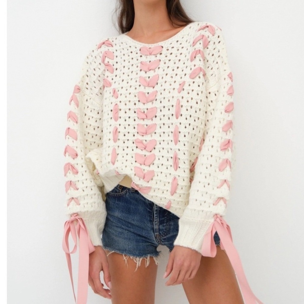 NWT For Love & Lemons Laurel Ribbon Weave Knit Sweater - Small